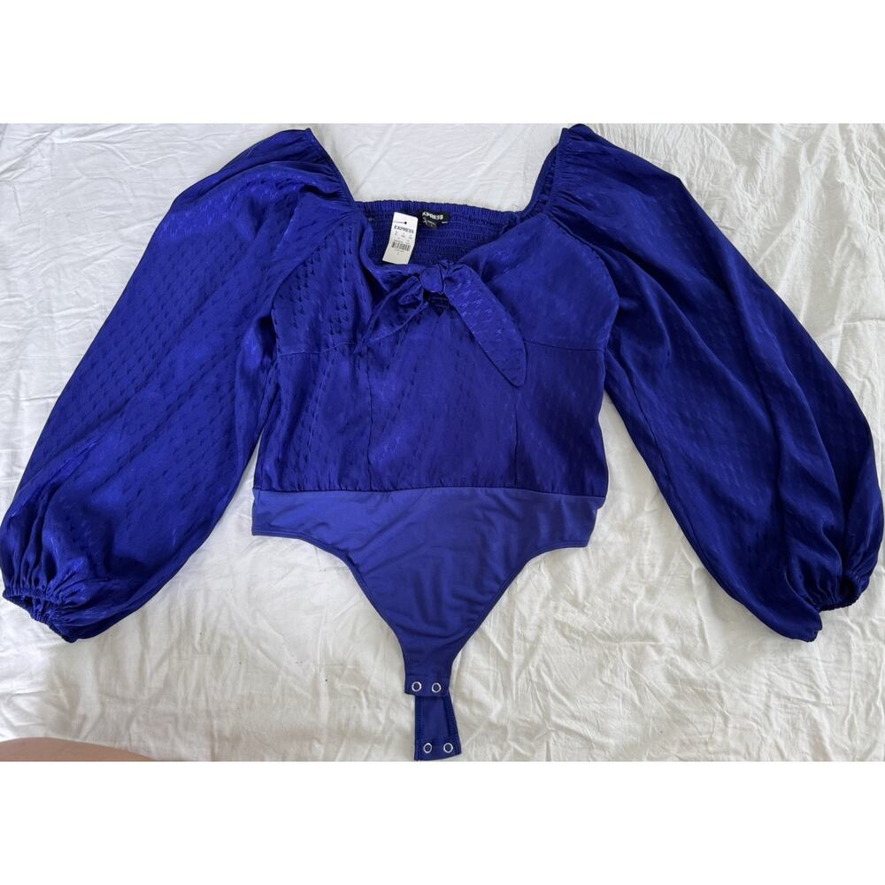 Express Blue Chiffon Smocked Square Neck Balloon Long Sleeve Bodysuit Women's L